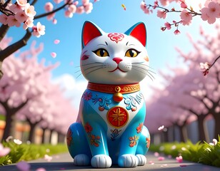 Cute cat figurine in a cherry blossom garden