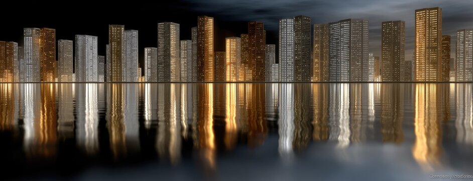 Dazzling reflections of neon lights dance on the water's surface while towering buildings create a futuristic city vibe.