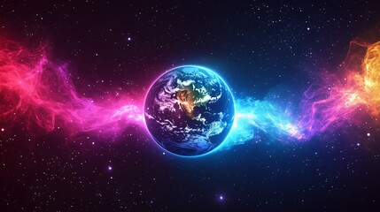 A dramatic and intense image of planet Earth with a nebula flowing