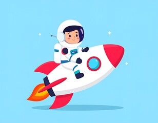 Cute child astronaut rides a rocket
