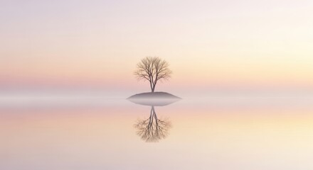 Obraz premium Serene Tree Reflection Over Calm Water At Sunset