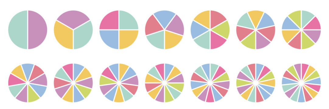 Colorful pie chart set with increasing segment count. Circle charts collection. Flat pastel design, clean geometric layout. Ideal for infographic, presentation, UI, dashboard, report, diagram