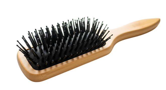 Natural Bristle Hairbrush with Wooden Handle for Gentle Hair Styling and Grooming Isolated on Transparent Background Healthy Scalp Care