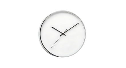 Minimalist white clock with black hands showing the time isolated on Transparent Background symbolizing the concept of time passing quickly and efficiently