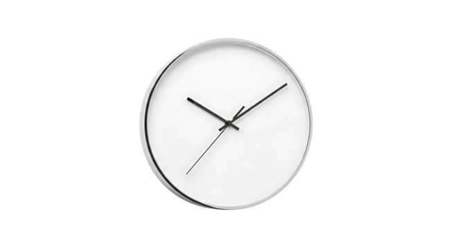 Minimalist white clock with black hands showing the time isolated on Transparent Background symbolizing the concept of time passing quickly and efficiently