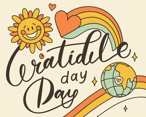Retro Gratitude Day Illustration with Smiling Sun Heart Rainbow and Earth Globe retro styled illustration