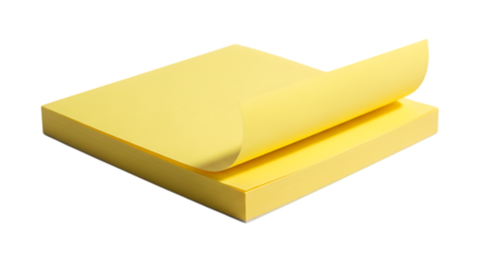 Pile of bright yellow sticky notes with one sheet peeling away to reveal more paper below isolated on a transparent background perfect for creative notes and reminders