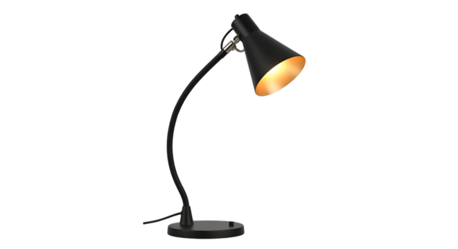 Modern Black Adjustable Desk Lamp with Golden Interior Illuminating a Workspace or Study Area with Warm Light Isolated on Transparent Background