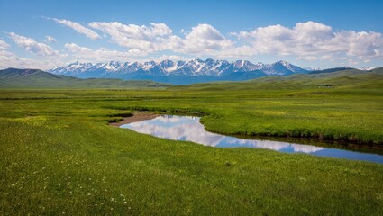 Fototapeta premium A scenic view of a green meadow with a stream reflecting the sky and mountains in the background