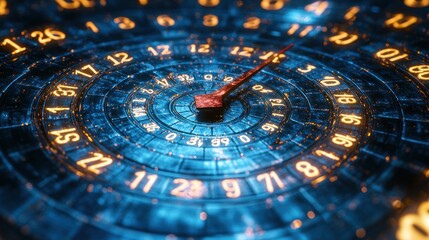 Futuristic digital clock face, close-up view, abstract background with glowing numbers