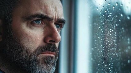 A man with a beard and mustache looking out the window during a rainy day, showing contemplative expression.