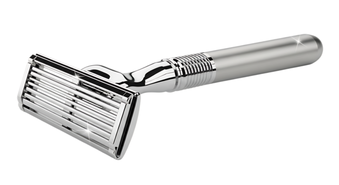 A Close Up Of A Metal Razor With Three Blades For A Smooth Shave on Transparent Background Studio Shot Product Photography