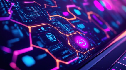 Futuristic digital interface display with glowing hexagonal grid, abstract tech background