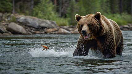 Obraz premium A bear catching a fish mid-air in a flowing river 2