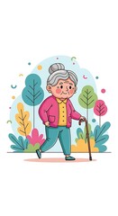 Elderly woman walking in a park.