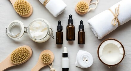 Naklejka premium Organic skincare products flat lay with coconut oil brushes and essential oils for beauty routine