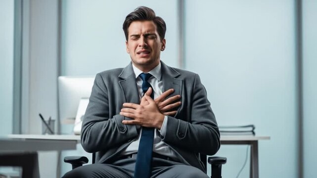 A man in a suit clutches his chest in pain. He is sitting in an office, and the image is likely related to stress or a health issue.

