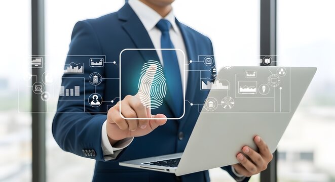 A man in a suit using a laptop with a fingerprint scanner interface overlayed