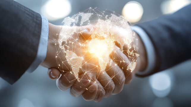 Global partnership handshake with digital world overlay business