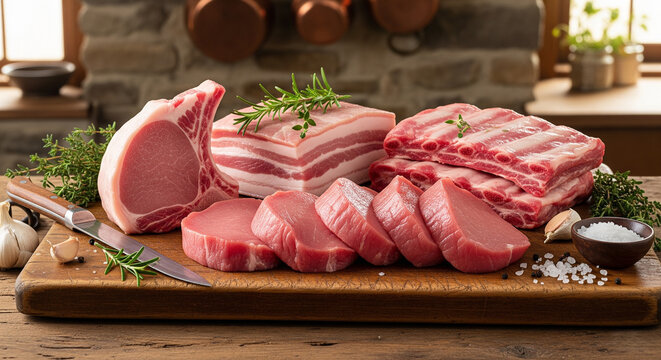 Premium Pork Cuts on a Rustic Cutting Board