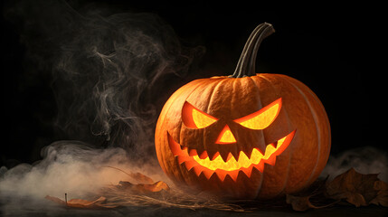 Menacing Illuminated Jack-o'-Lantern with Smoke and Dark Background for Halloween