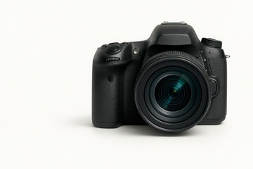 Fototapeta premium Black camera on a white background. Space for text.