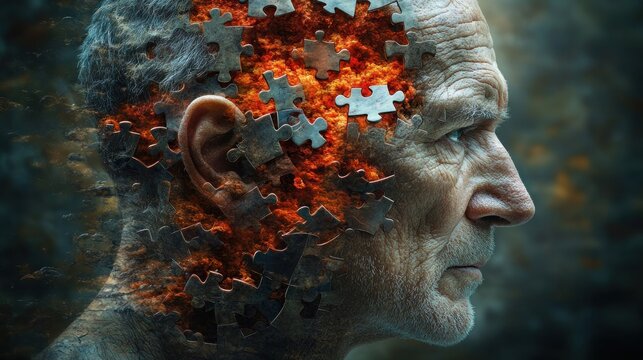 Puzzle head, aged man, fragmented mind