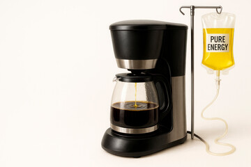 Coffee maker connected to a dropper labeled PURE ENERGY. Space for text.