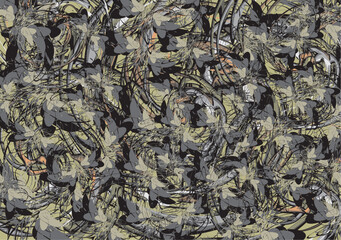 Chaotic camouflage motifs with swirl and btterfly wings elements. Dark backdrop for camouflage uniforms, covers, tiles, fashion trends, fabrics, textiles or prints, posters, interior solutions, etc. 