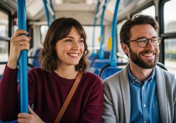 Couple smiling while traveling together on a bus