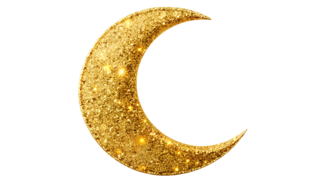 Golden crescent moon symbol with glitter and sparkle isolated on transparent background for islamic culture and celebrations
