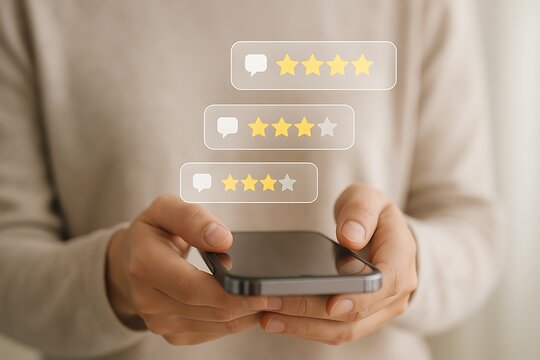 Checking customer feedback on a mobile phone, with virtual icons showing different star ratings from five to three for service quality and user satisfaction.
