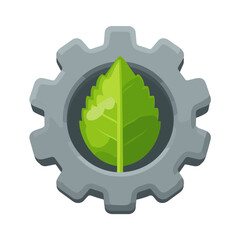 Leaf embedded in a gear symbolizing the fusion of nature and technology in sustainable development