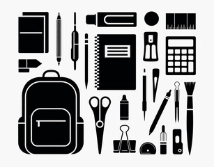 Silhouette Collection of School Supplies EPS Vector Template