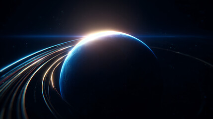 Glowing celestial body with luminous orbital rings planet space