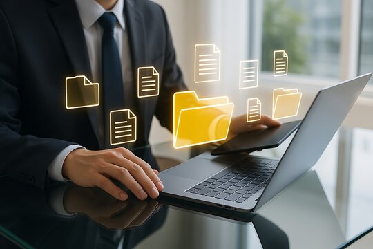 Organizing digital files within a document management system, a businessman uses a laptop and tablet to access a cloud-based archive for a paperless office.