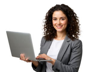 Smiling young woman in grey blazer holding a laptop isolated on transparent background