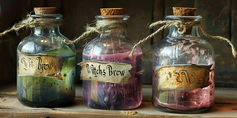  Three Glass Bottles with Cork Stoppers Containing Colorful Liquids Labeled "Potions" on Wooden Surface
