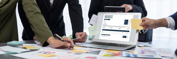 Analyst team use sticky note for creative and analytic brainstorm for business idea with BI data dashboard on laptop screen. Analysis financial data visualization tech for marketing strategy. Prodigy