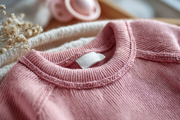 Pink knitted baby sweater, blank label, cozy, soft, essential for newborns.