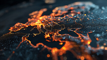 Glowing digital map of Europe with orange and blue lights glowing lights