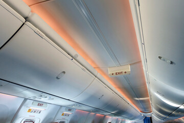 Emergency exit signs on ceiling inside a passenger aircraft cabin                               