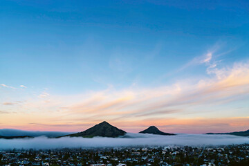 Sunset over Mountains, city, mountain peaks, with a view