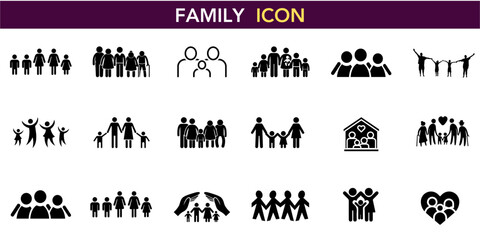 Diverse Family Icon Set: Modern, Minimalist Vectors of Parents, Children & Couples. Perfect for Home, Community, and Relationship-themed Logos and Graphics.