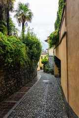 A narrow road paved with round stones after the rain descending downwards with bright yellow buildings and a lots of greenery in Menaggio, Lombardia, Italy