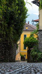 Road paved with round stones close up and yellow house in the backgroud and a lots of greenery in Menaggio, Como Lake, Lombardia, Italy
