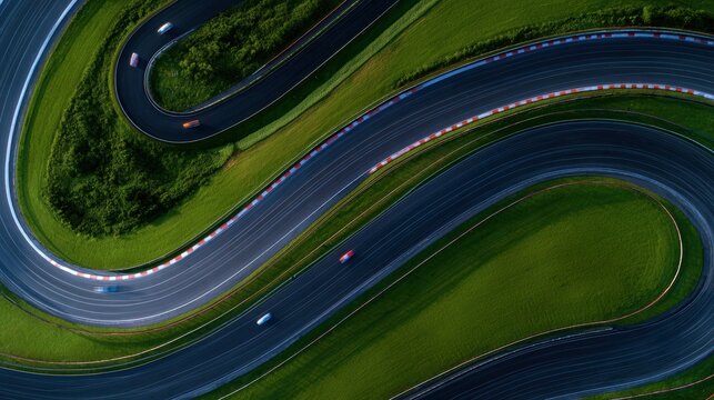Aerial view of winding race track surrounded by lush greenery, showcasing high-speed cars in action - Powered by Adobe