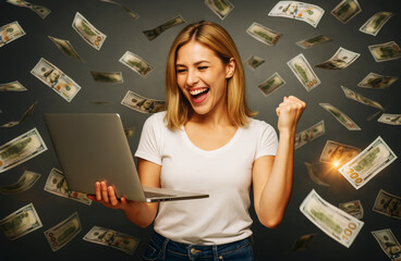 Successful Woman Making Money Online with Laptop and Flying Dollar Bills