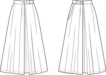 Front and Back View Pleated Skirt Sketch, Technical Flat Vector Illustration