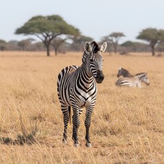 Obraz premium A majestic zebra standing prominently in a sun-drenched African savanna. The zebra is positioned slightly off-center